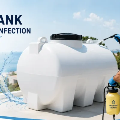 Professional water tank cleaning and chlorine dioxide disinfection service in Cyprus with technician cleaning a residential water storage tank.