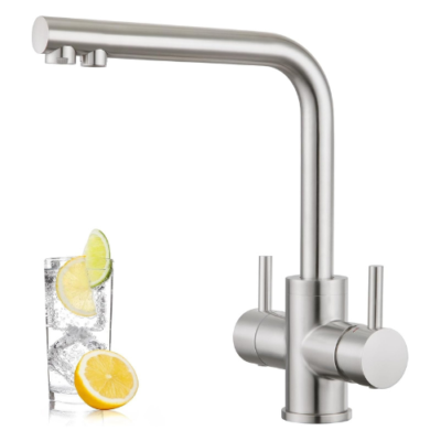Front view of a stainless steel 4-way kitchen mixer tap showing hot, cold, filtered, and chilled water functions