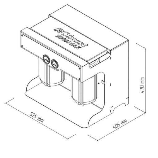 Diagram of the BWT RObust 3000MAX reverse osmosis water filter system with detailed dimensions (470 mm height, 525 mm width, 405 mm depth), showing the filtration components and build.