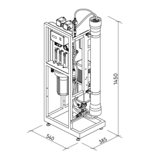 Technical drawing of commercial reverse osmosis system 250 L/h showing height, width, and depth dimensions