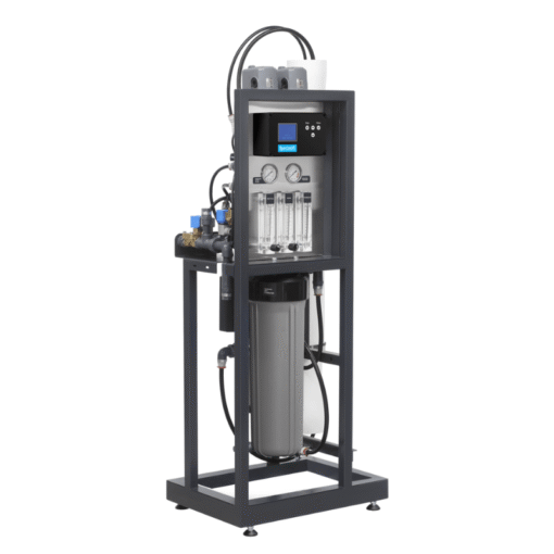 Side view of commercial reverse osmosis system 250 L/h showing digital controller, pressure gauges, and prefilter housing
