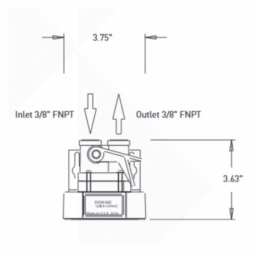 Pentair Everpure QL3 water filter head technical drawing with 3/8 inch FNPT inlet and outlet dimensions
