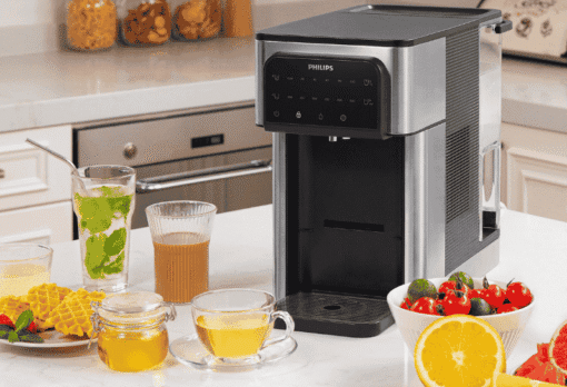 Philips ADD5980S Water Dispenser on Kitchen Counter with Hot Tea, Juice, and Fresh Fruit – Ideal for Homes in Cyprus