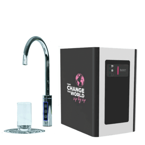 Under counter water dispenser with faucet and glass for chilled, sparkling, and ambient water