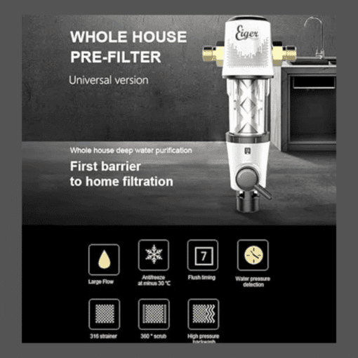 Whole house pre-filter showing key benefits like large flow, 316 strainer, pressure detection, antifreeze protection, and flush timing