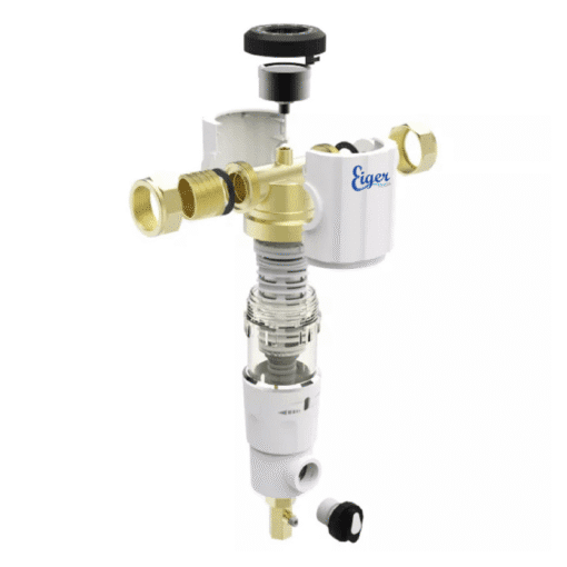 Exploded view of whole house self-cleaning water filter showing internal components and brass connectors