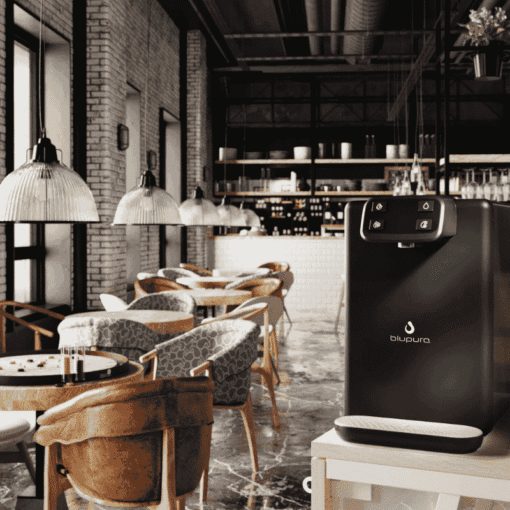 Blupura Rebel 30 Fizz Sparkling Water Dispenser in restaurant setting, premium Italian-made countertop dispenser in Cyprus.