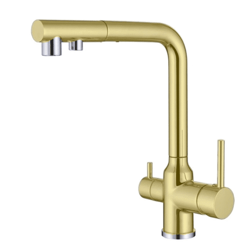 Side view of brushed gold 3-way kitchen mixer tap for hot, cold and RO water