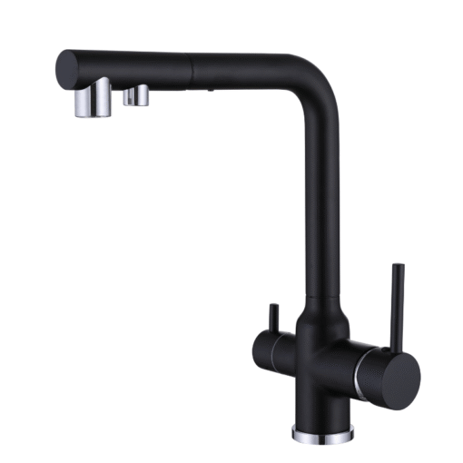 Matte black 3-way kitchen mixer tap with pull-out hose for hot, cold, and RO filtered water