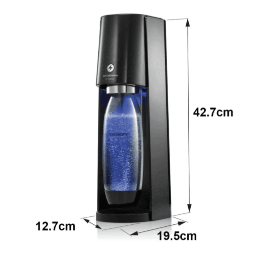 SodaStream E-Terra Black Sparkling Water Maker showing dimensions – 42.7cm height, 19.5cm depth, 12.7cm width – for Cyprus kitchens