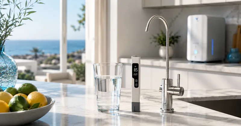 Alkaline Water Cyprus Filtered Kitchen pH Test Alkaline water Cyprus kitchen scene with filtered drinking water, pH test meter, modern water tap and home filtration system