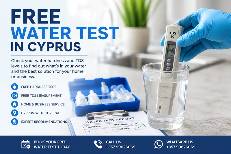 Free Water Hardness and TDS Testing in Cyprus Free water test in Cyprus showing water hardness and TDS measurement for home drinking water quality analysis