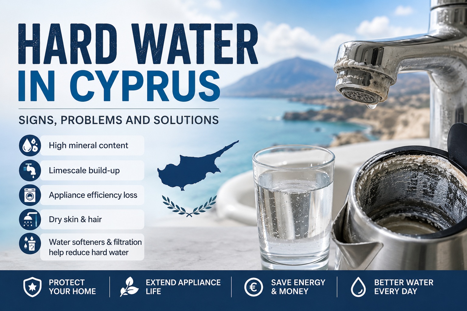 Hard water in Cyprus causing limescale build-up on taps and household appliances
