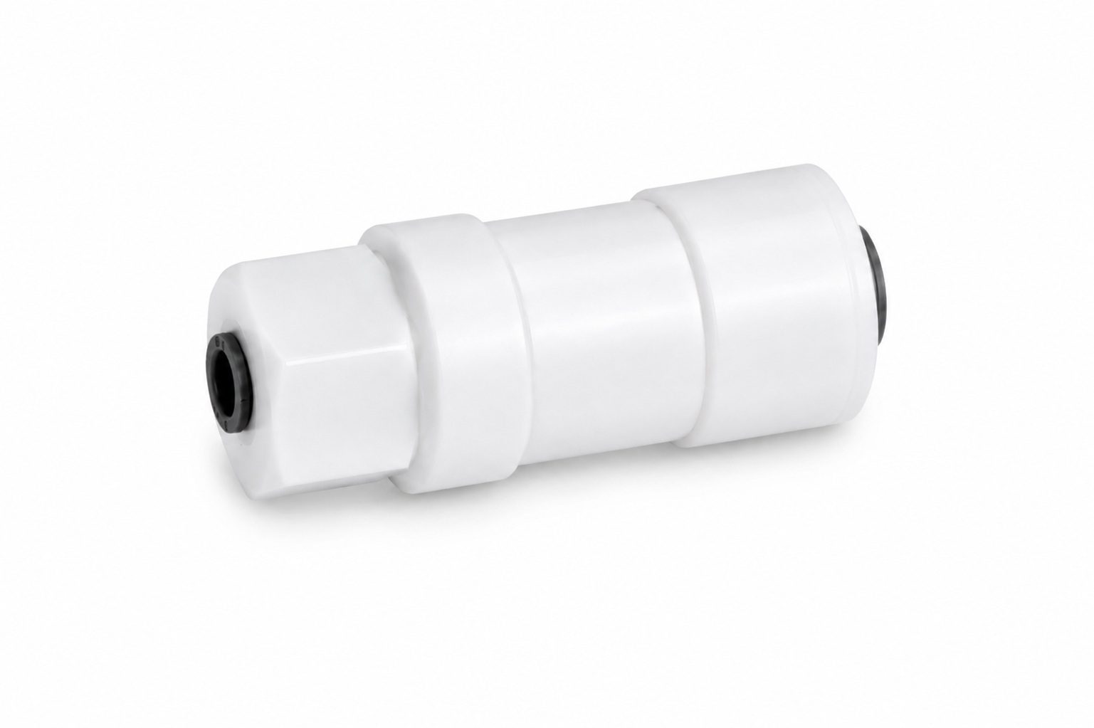 Inline water conditioning vortex device for reverse osmosis systems with 3/8 inch push-fit connection