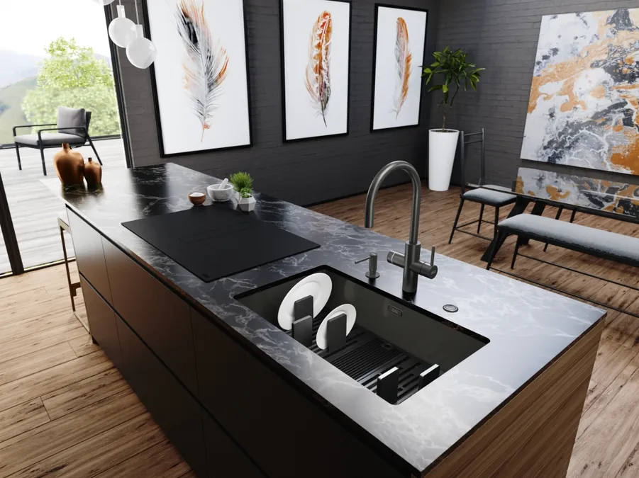 Franke Mythos Water Hub All-InOne Anthracite Luxury Kitchen Cyprus Franke Mythos Water Hub All-In-One Anthracite providing filtered chilled sparkling and boiling water in a luxury kitchen