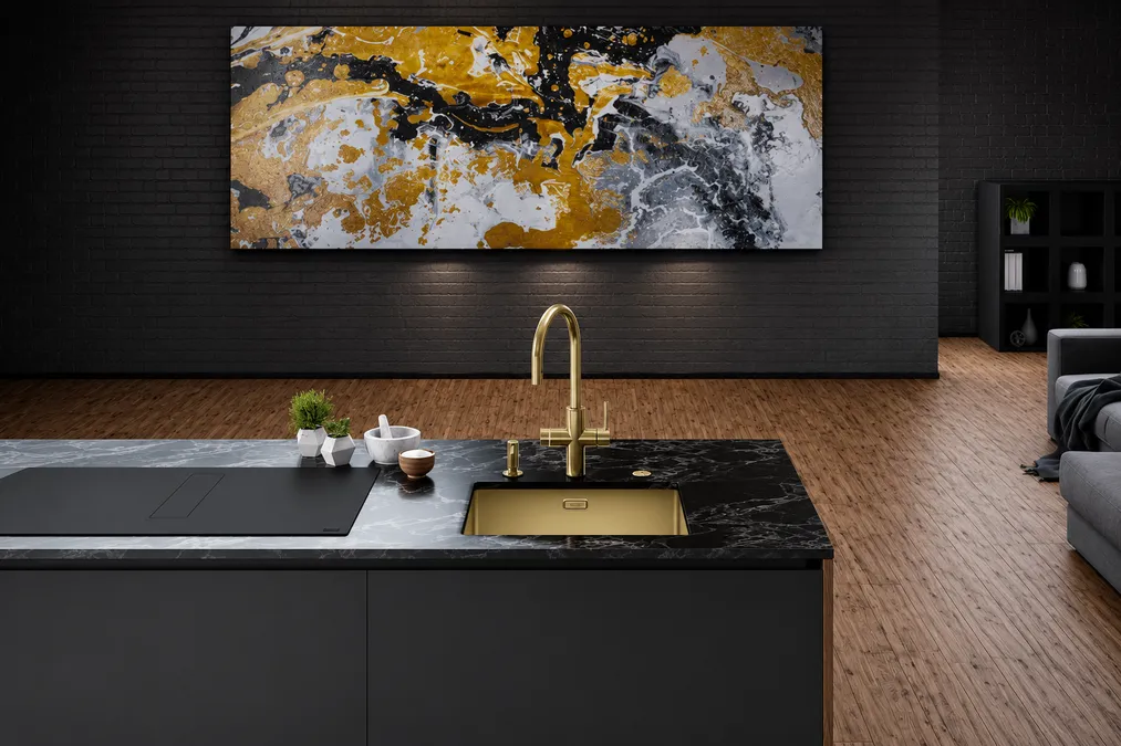 Franke Mythos Water Hub All-In-One Gold installed in a luxury kitchen with filtered chilled sparkling and boiling water system