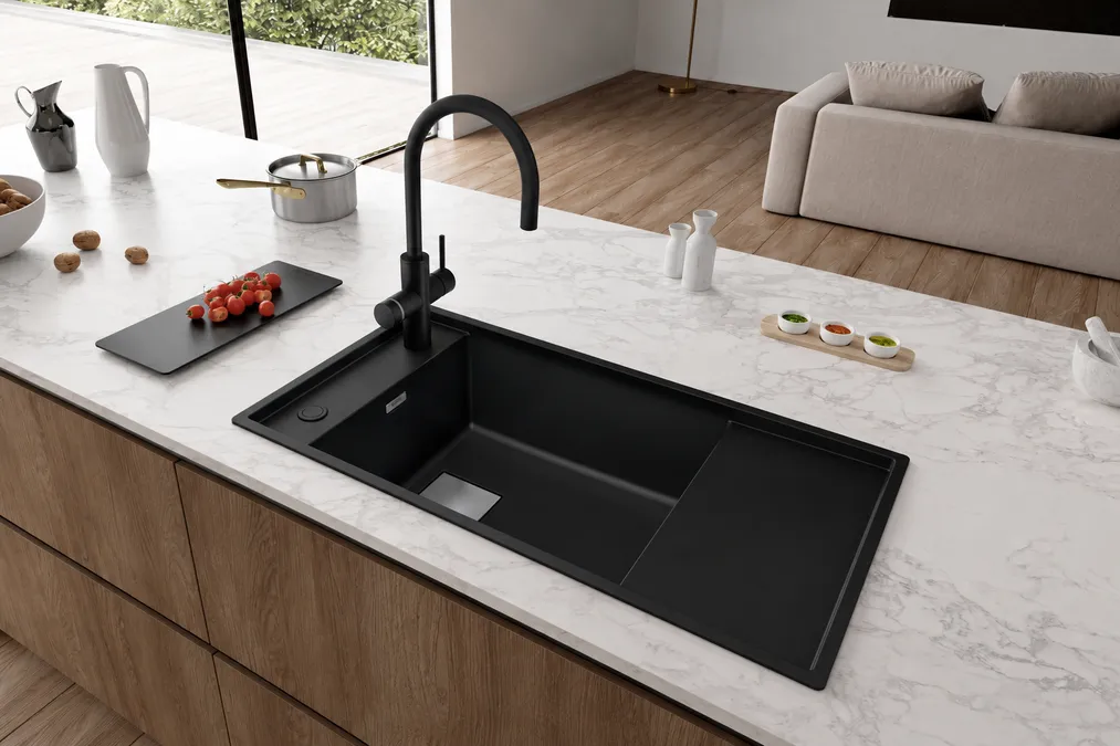 Franke Mythos Water Hub Black Matt installed under a Cyprus kitchen sink β 6-in-1 smart water dispenser with app-controlled sparkling in premium matte black finish - WaterFilterNet Cyprus