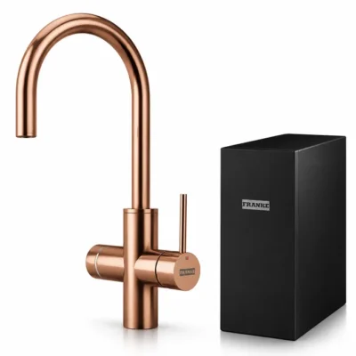 Franke Mythos Water Hub Copper installed under a Cyprus kitchen sink – 6-in-1 smart water dispenser with app-controlled sparkling in premium copper finish – WaterFilterNet Cyprus
