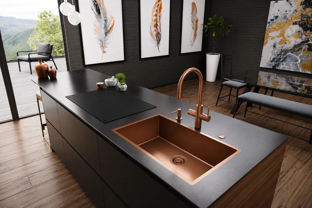 Franke Mythos Water Hub Copper tap close-up showing illuminated controls and J-spout design β WaterFilterNet Cyprus