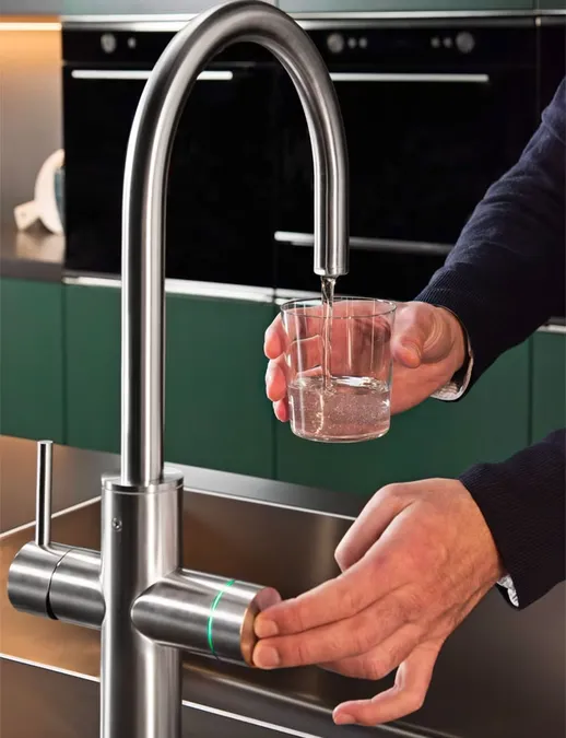 Franke Mythos Water Hub Smart Water Control Cyprus Franke Mythos Water Hub Anthracite dispensing filtered water with smart touch control