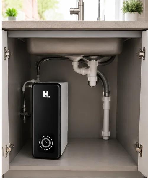 Tankless reverse osmosis installation under kitchen sink in Cyprus