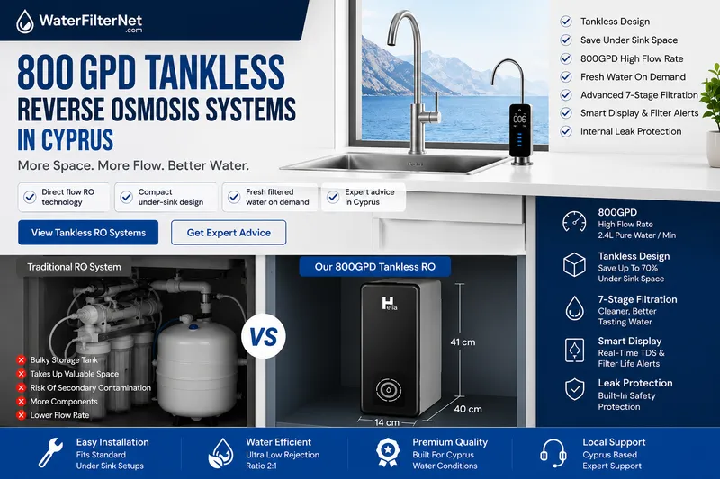 Tankless Reverse Osmosis Systems in Cyprus β NUTOUCH HELIA 800 GPD Tankless reverse osmosis systems in Cyprus comparing a traditional RO system with storage tank and the NUTOUCH HELIA 800 GPD direct flow reverse osmosis system showing space savings and high flow performance