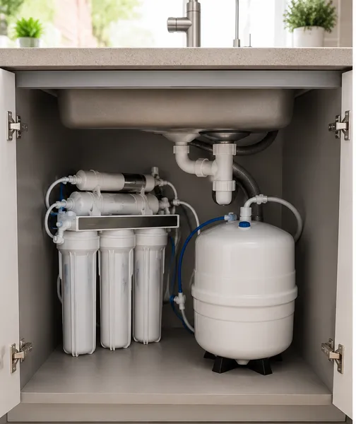Traditional reverse osmosis system with storage tank under kitchen sink