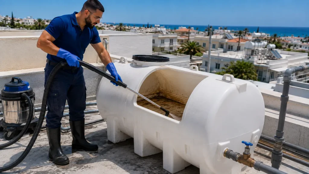 Illustration of water tank cleaning and sediment removal in Cyprus