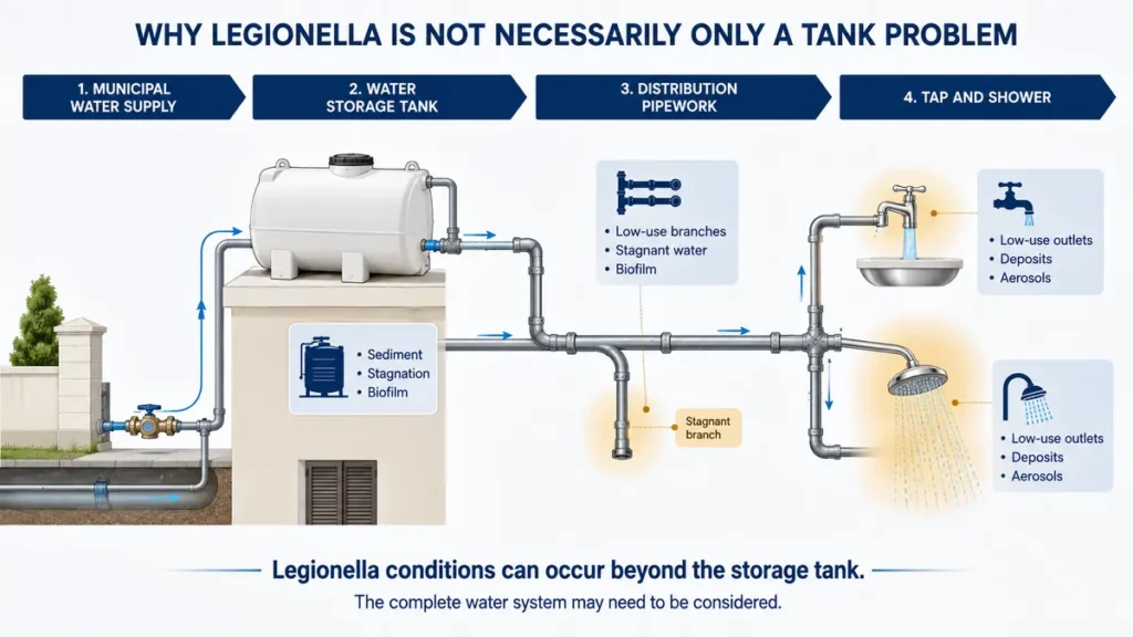 Diagram showing where Legionella can grow in water tanks, pipework, taps and showers