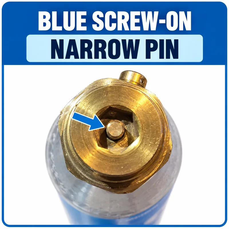 Blue screw-on CO2 cylinder valve with narrow centre pin
