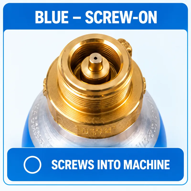 Blue screw-on CO2 cylinder connection for SodaStream and compatible soda makers