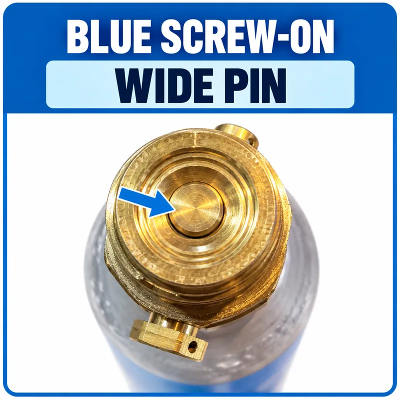 Blue screw-on CO2 cylinder valve with wide centre pin