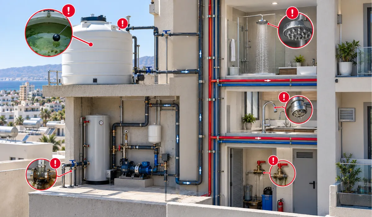 Illustration of a Legionella-positive building water system being investigated