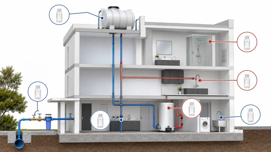 Illustration of potential Legionella sampling points in a building water system