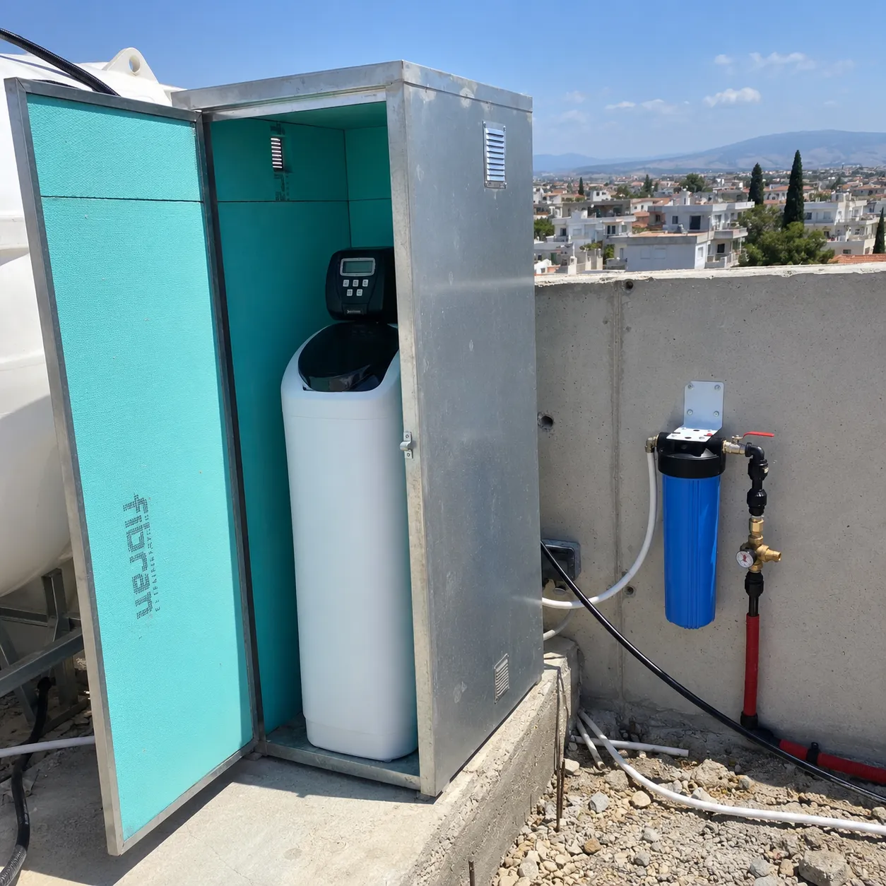 Water softener installed in insulated rooftop cabinet by WaterFilterNet in Cyprus