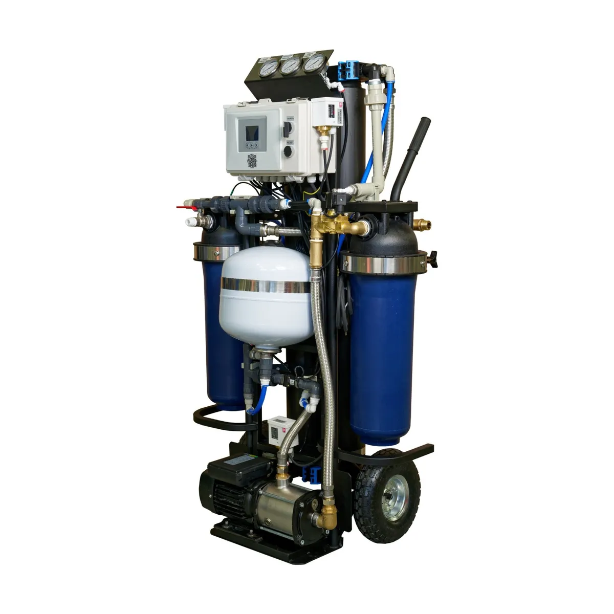Rear view of Aquaphor APRO-IM-500-PLUS mobile RO DI system showing pump and Viking filter housings
