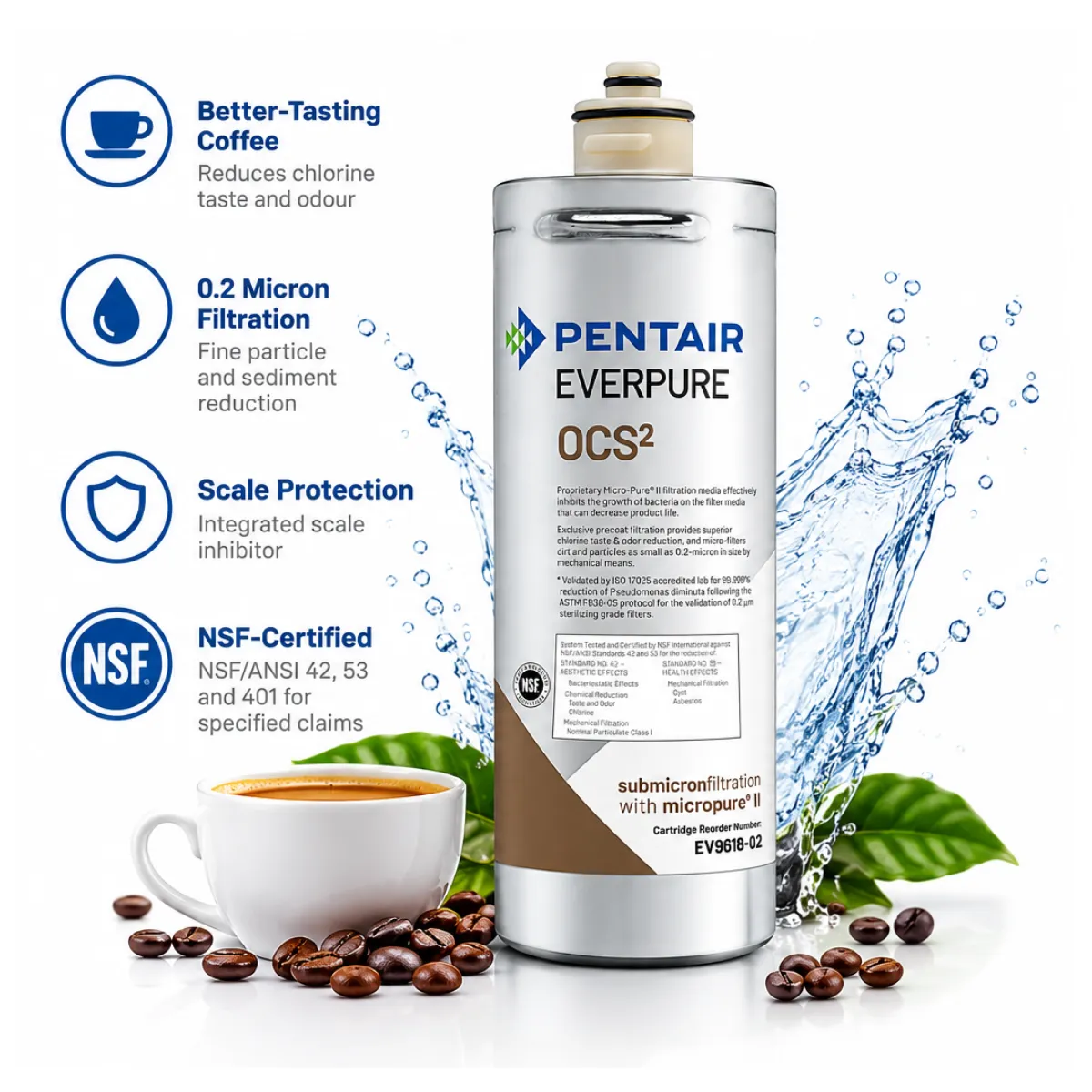 Pentair Everpure OCS2 coffee machine filter with 0.2 micron filtration and scale protection