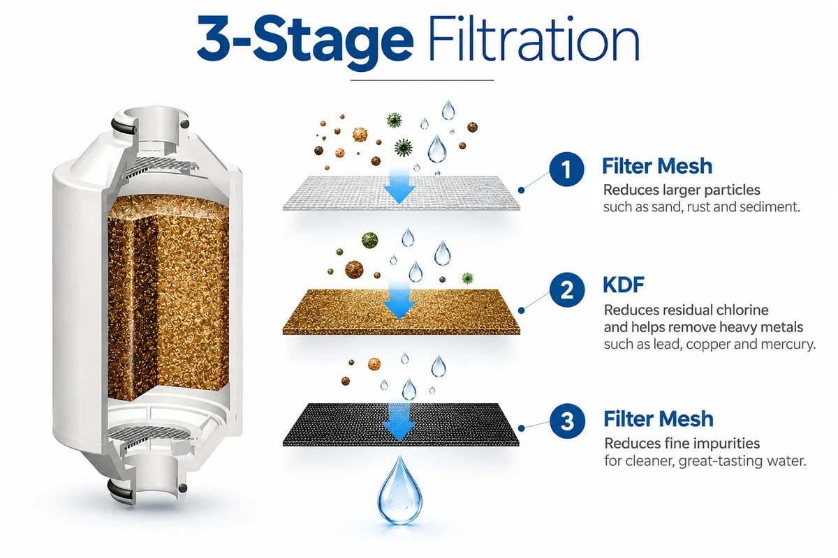 Philips AWP175 KDF filter media and three-stage filtration diagram